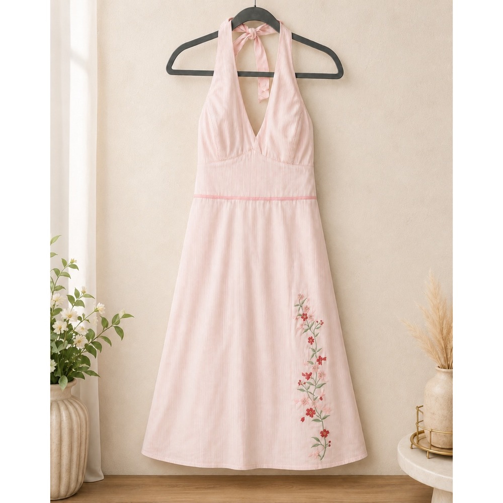 Janeville Pink Seersucker Halter Dress Floral Embroidery Stripe Size 4 Preppy